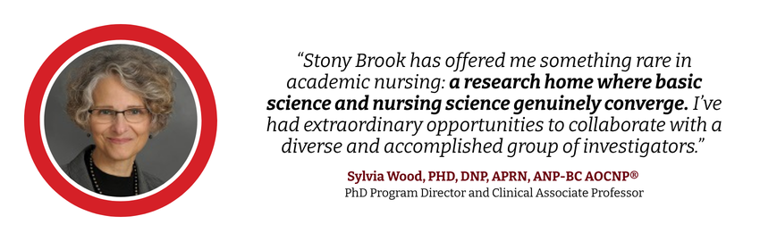 Headshot of Sylvia Wood. Text: “Stony Brook has offered me something rare in academic nursing: a research home where basic science and nursing science genuinely converge. I’ve had extraordinary opportunities to collaborate with a diverse and accomplished group of investigators.” Sylvia Wood, PHD, DNP, APRN, ANP-BC AOCNP®  PhD Program Director and Clinical Associate Professor